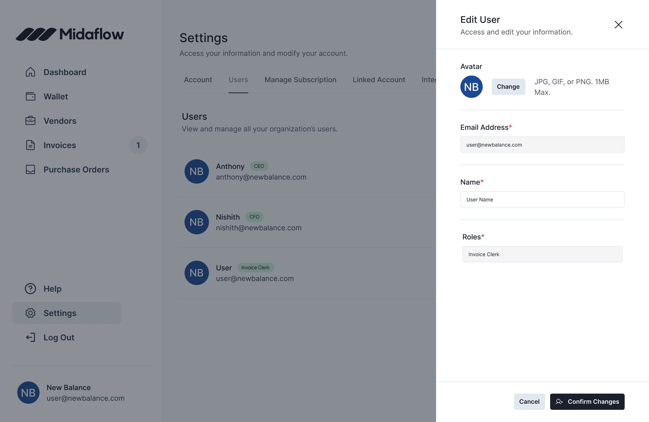 Midaflow User Entity Page