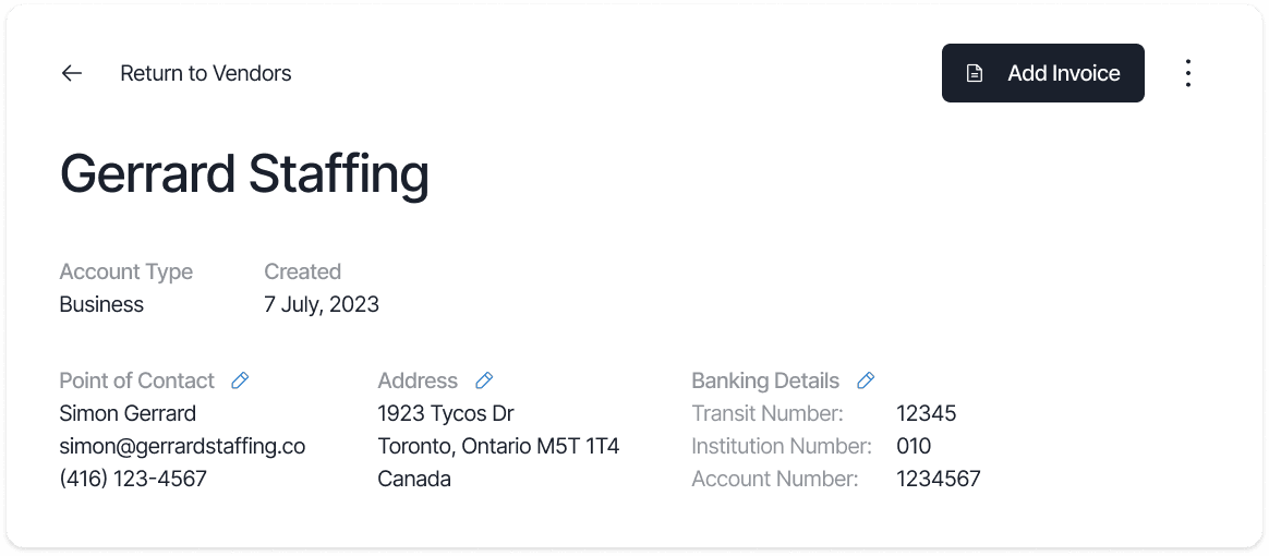 Midaflow Vendor Details Card