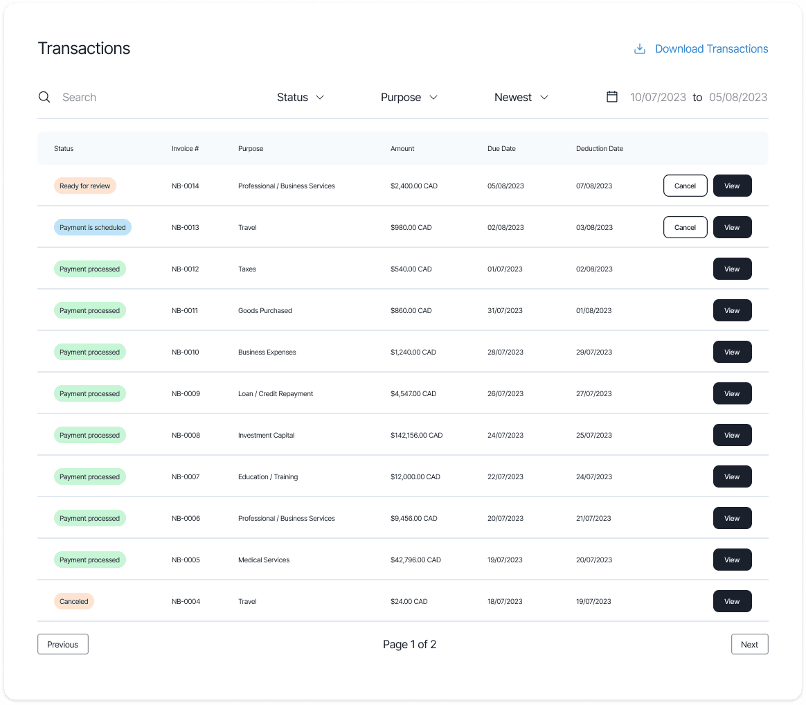 Midaflow Vendor Transactions Card